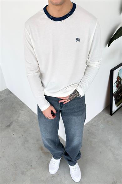 Ekru Old Money 90s İnce Fitilli Oversize Uzun Kollu Tişört