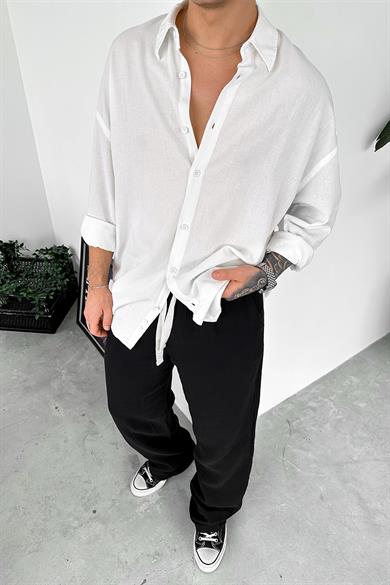 Ekru Old Money Basic Keten Oversize Gömlek