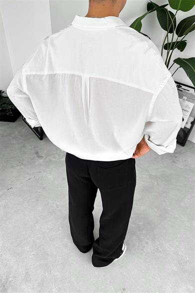 Ekru Old Money Basic Keten Oversize Gömlek