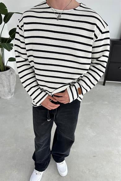 Ekru Örme Çizgi Detaylı Oversize Sweat