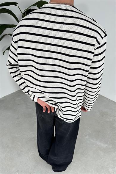 Ekru Örme Çizgi Detaylı Oversize Sweat