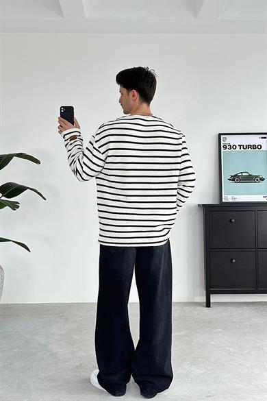 Ekru Örme Çizgi Detaylı Oversize Sweat
