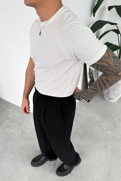 Ekru Parça Dokulu Triko Tişört