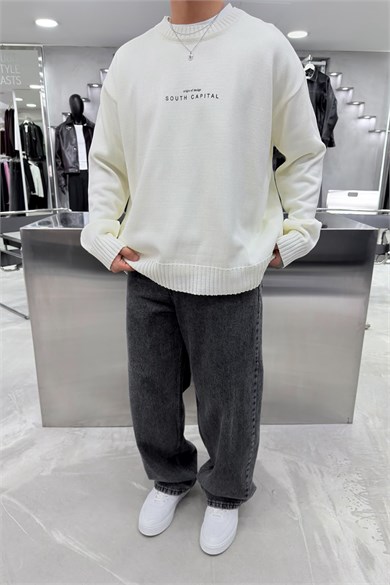 Ekru South Baskılı Oversize Kazak