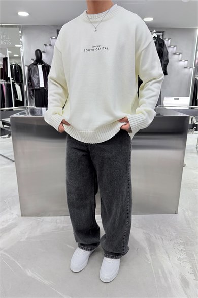 Ekru South Baskılı Oversize Kazak