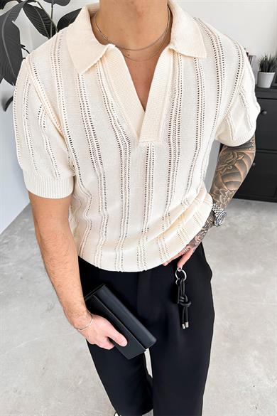 Ekru Striped Knitwear Relaxed Triko Polo Yaka Tişört