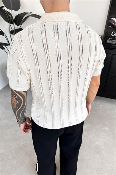 Ekru Striped Knitwear Relaxed Triko Polo Yaka Tişört