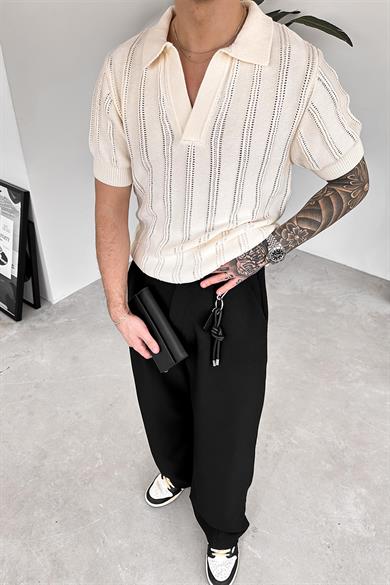 Ekru Striped Knitwear Relaxed Triko Polo Yaka Tişört