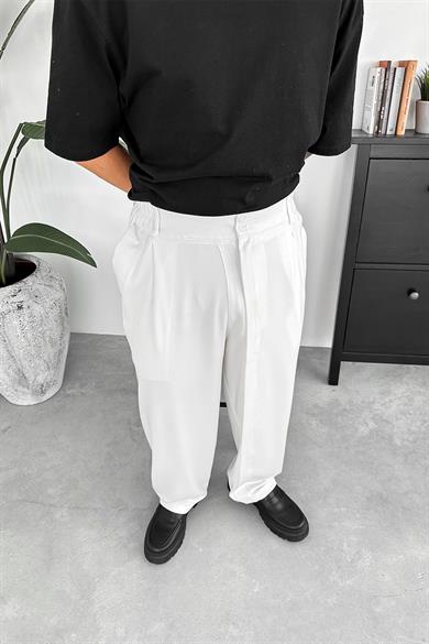 Ekru Yüksek Bel Premium Kumaş Baggy Pantolon