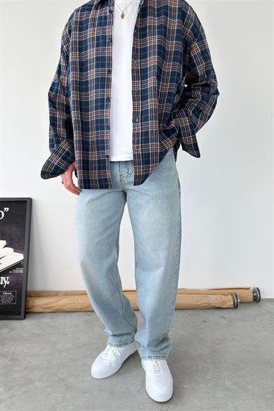 Eskitme Buz Mavi Basic Baggy Fit Pantolon