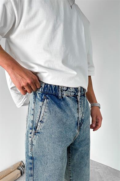 Eskitme Buz Mavi Bel Lastik Detay Regular Pantolon