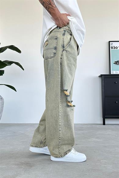 Eskitme Buz Mavi Dizi Yırtık Ekstra Bol Baggy Pantolon