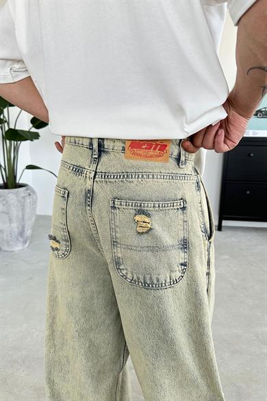 Eskitme Buz Mavi Dizi Yırtık Ekstra Bol Baggy Pantolon
