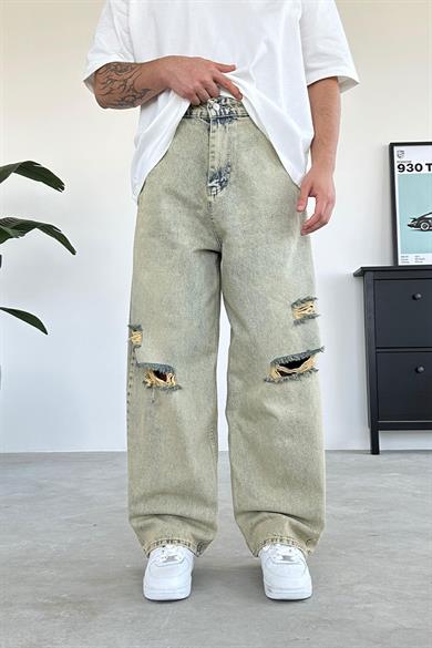 Eskitme Buz Mavi Dizi Yırtık Ekstra Bol Baggy Pantolon