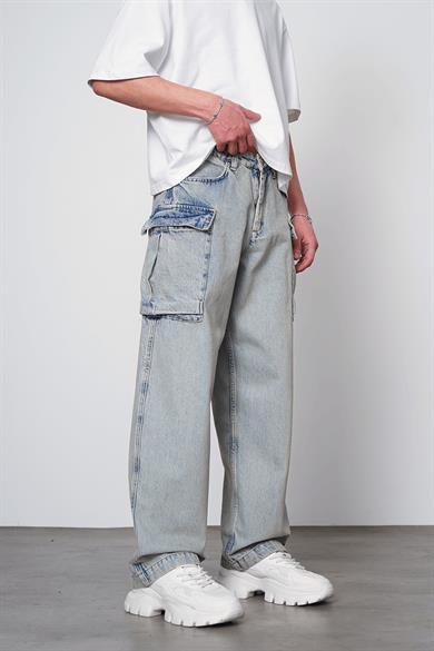 Eskitme Buz Mavi Kargo Cepli Z7 GD Baggy Pantolon