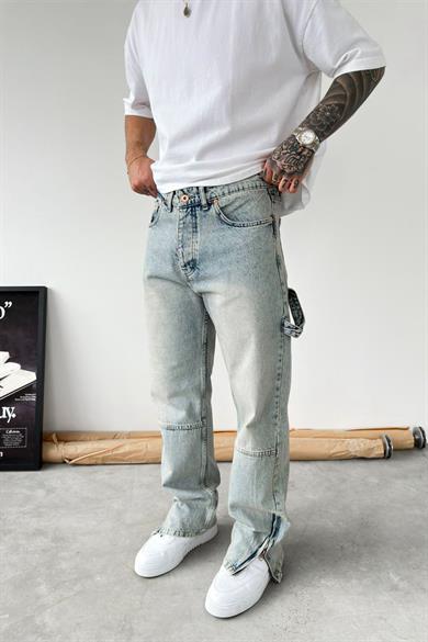 Eskitme Buz Mavi Paça Fermuar Detay Baggy Pantolon