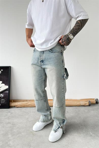 Eskitme Buz Mavi Paça Fermuar Detay Baggy Pantolon