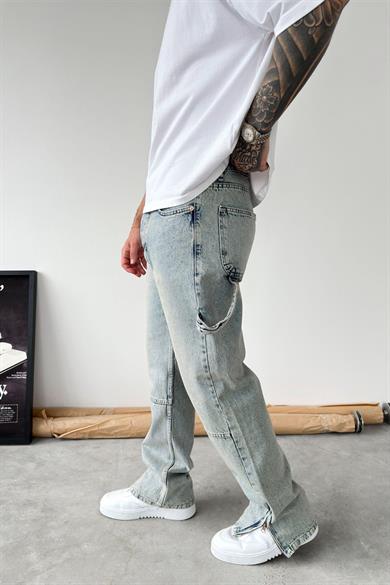 Eskitme Buz Mavi Paça Fermuar Detay Baggy Pantolon