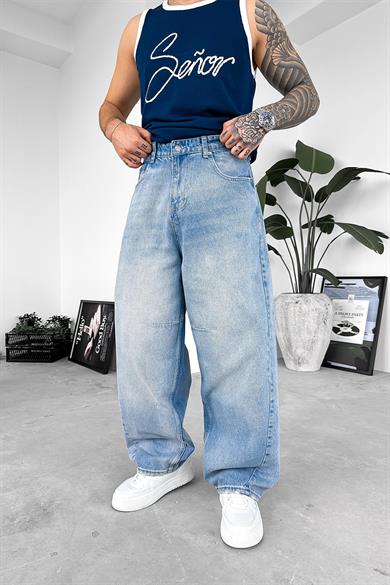 Eskitme Buz Mavi Patch Detay Ekstra Bol Baggy Pantolon