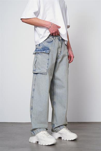 Eskitme Buz Mavi Siyah Kargo Cepli Z7 GD Baggy Pantolon