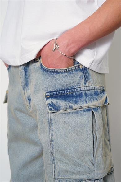 Eskitme Buz Mavi Siyah Kargo Cepli Z7 GD Baggy Pantolon