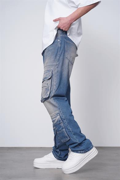 Eskitme Mavi Eskitme Mavi Ön Cep Kargo 04C GD Baggy Pantolon