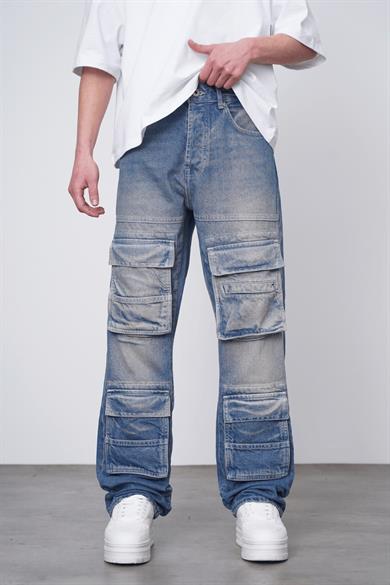 Eskitme Mavi Eskitme Mavi Ön Cep Kargo 04C GD Baggy Pantolon