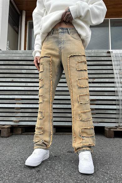 Eskitme Mavi Eskitme Mavi Sarı Detaylı Full Tasarım E4 GD Baggy Pantolon