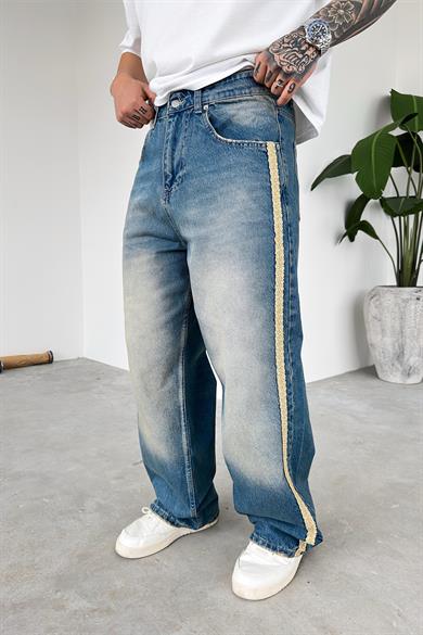 Eskitme Mavi Hasır Şerit Detay Premium Ekstra Bol Baggy Pantolon