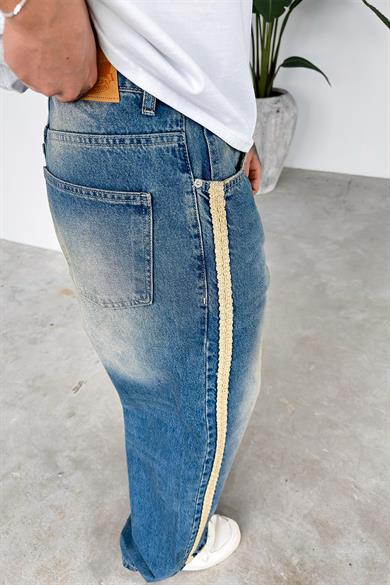 Eskitme Mavi Hasır Şerit Detay Premium Ekstra Bol Baggy Pantolon