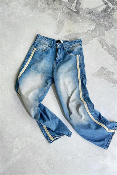 Eskitme Mavi Hasır Şerit Detay Premium Ekstra Bol Baggy Pantolon