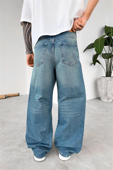 Eskitme Mavi Kemerli Basic Ekstra Bol Baggy Pantolon