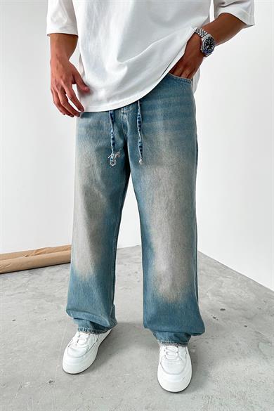 Eskitme Mavi Kemerli Basic Ekstra Bol Baggy Pantolon