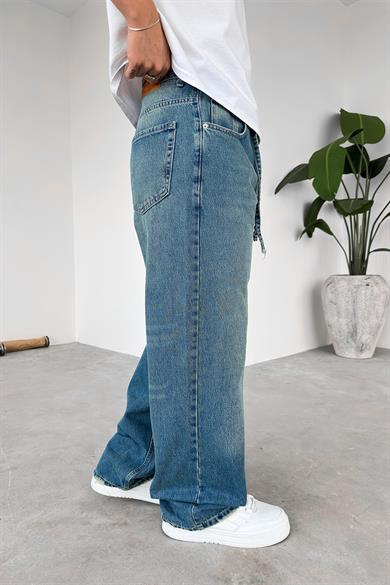 Eskitme Mavi Kemerli Basic Ekstra Bol Baggy Pantolon