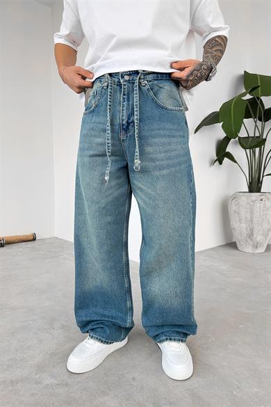 Eskitme Mavi Kemerli Basic Ekstra Bol Baggy Pantolon