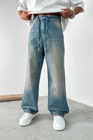 Eskitme Mavi Kemerli Basic Ekstra Bol Baggy Pantolon
