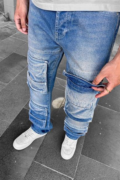 Eskitme Mavi Ön Cep Kargo 04C GD Baggy Pantolon