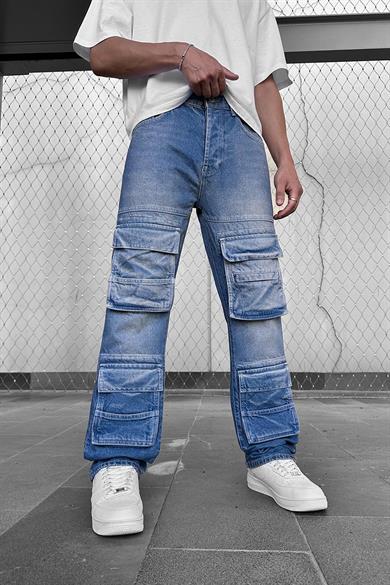 Eskitme Mavi Ön Cep Kargo 04C GD Baggy Pantolon