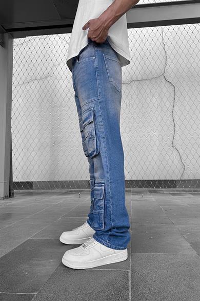 Eskitme Mavi Ön Cep Kargo 04C GD Baggy Pantolon
