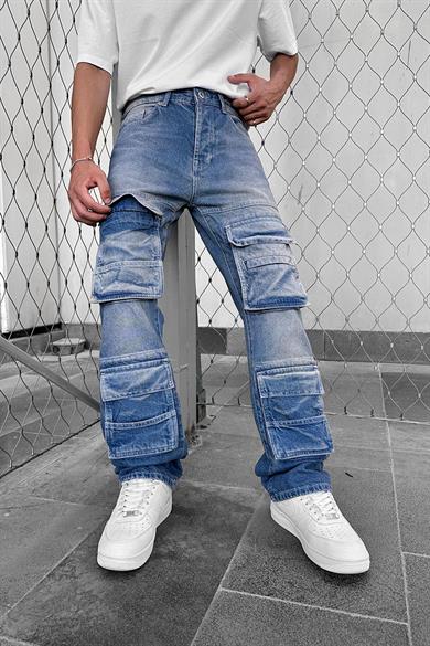 Eskitme Mavi Ön Cep Kargo 04C GD Baggy Pantolon