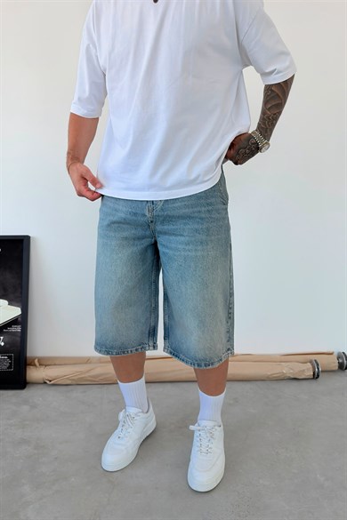 Eskitme Mavi Skater Fit Yıkamalı Bermuda Kot Şort
