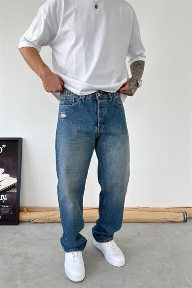 Eskitme Mavi Soft Degrade Yırtıklı Baggy Pantolon