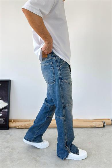 Eskitme Mavi Tasarım Paça Fermuar Detay Baggy Pantolon