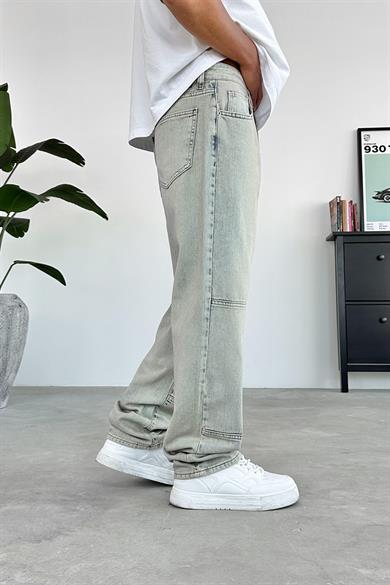 Eskitme Mavi Tasarım Şerit Detay Baggy Pantolon
