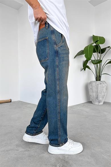 Eskitme Mavi Yan Cepli Basic Baggy Pantolon