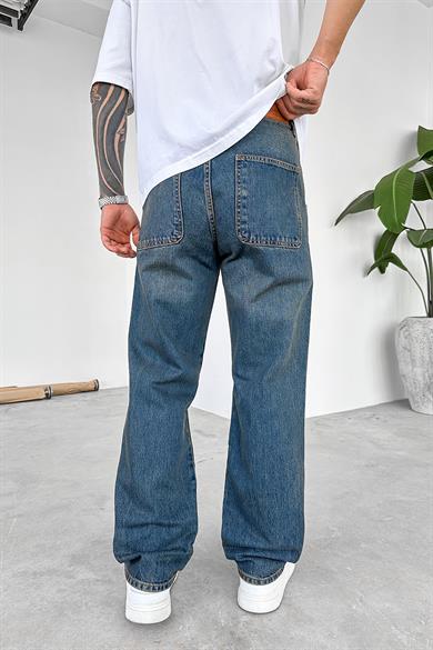 Eskitme Mavi Yan Cepli Basic Baggy Pantolon