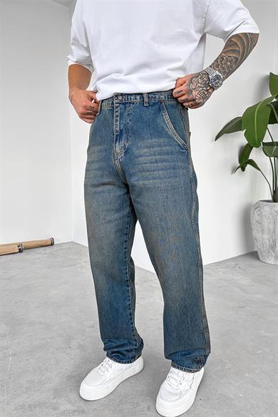 Eskitme Mavi Yan Cepli Basic Baggy Pantolon