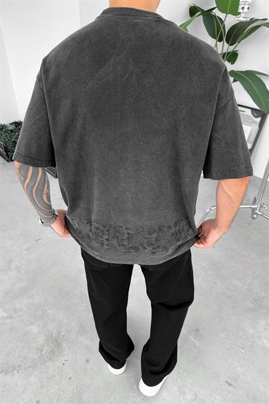 Füme Acid Wash Kabartma Baskılı Oversize Tişört