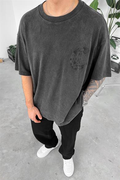 Füme Acid Wash Kabartma Baskılı Oversize Tişört