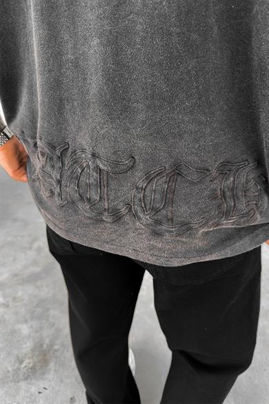 Füme Acid Wash Kabartma Baskılı Oversize Tişört